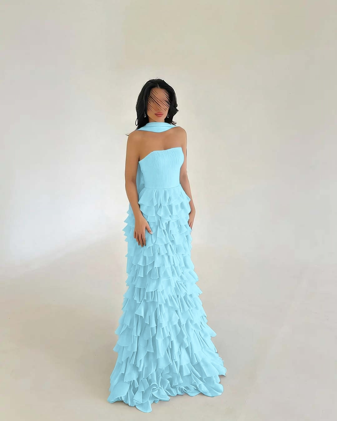 Classic Royal Blue Straight Across Sleeveless Pleated Evening Dress With Scarf