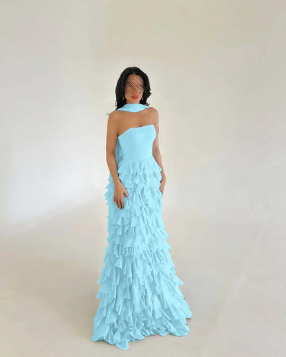 Classic Royal Blue Straight Across Sleeveless Pleated Evening Dress With Scarf
