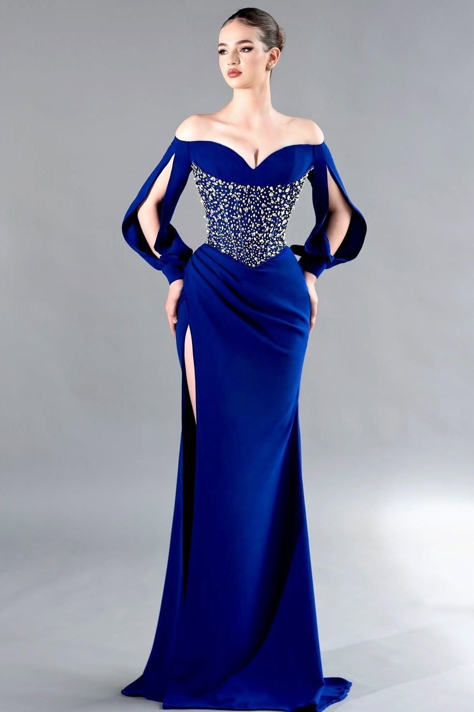 Royal Blue Long Sleeves Strapless V Neck Beads Long Prom Dress With Slit