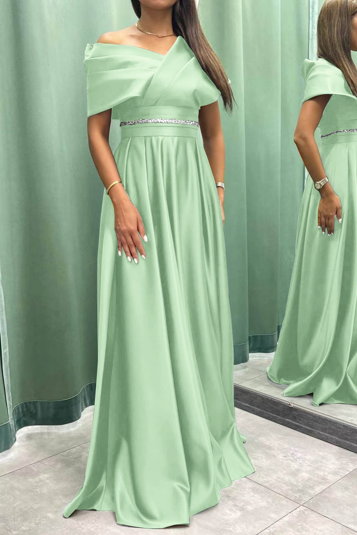 Elegant Long Evening Dress Pleat Off-The-Shoulder