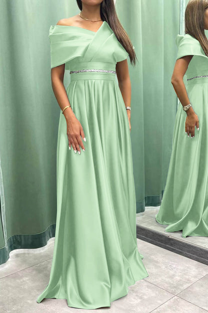 Elegant Long Evening Dress Pleat Off-The-Shoulder