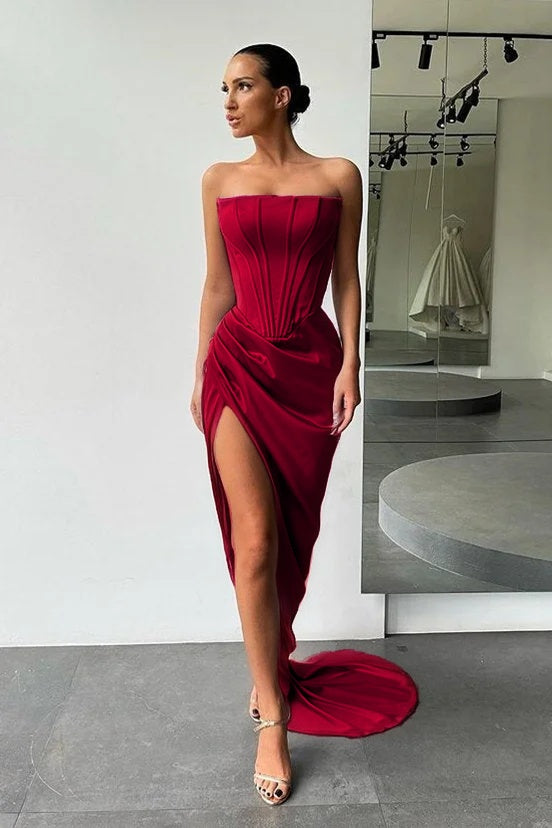 Strapless Slit Long Prom Dress Evening Party Gowns