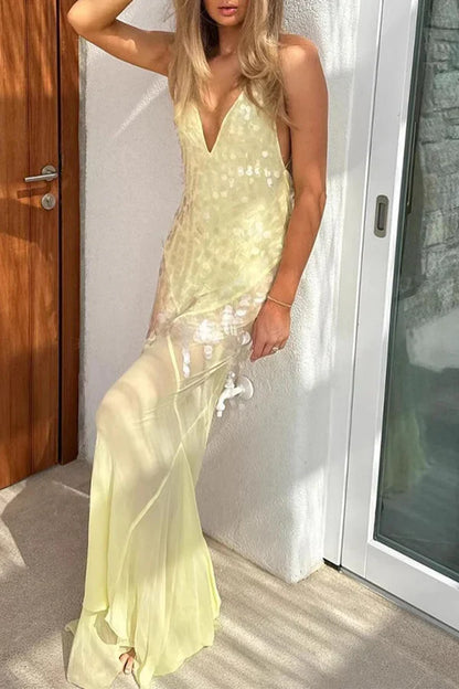 Sexy Sheath V Neck Light Yellow Sequin Chiffon Long Prom Evening Dress SH2389