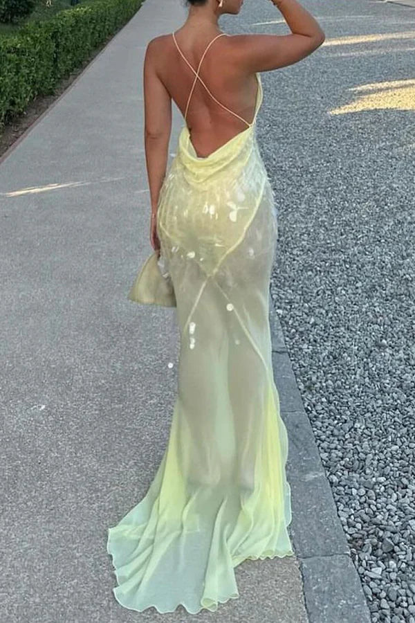 Sexy Sheath V Neck Light Yellow Sequin Chiffon Long Prom Evening Dress SH2389