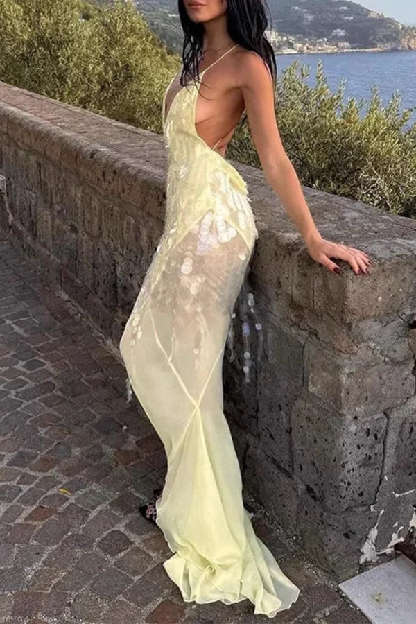 Sexy Sheath V Neck Light Yellow Sequin Chiffon Long Prom Evening Dress SH2389