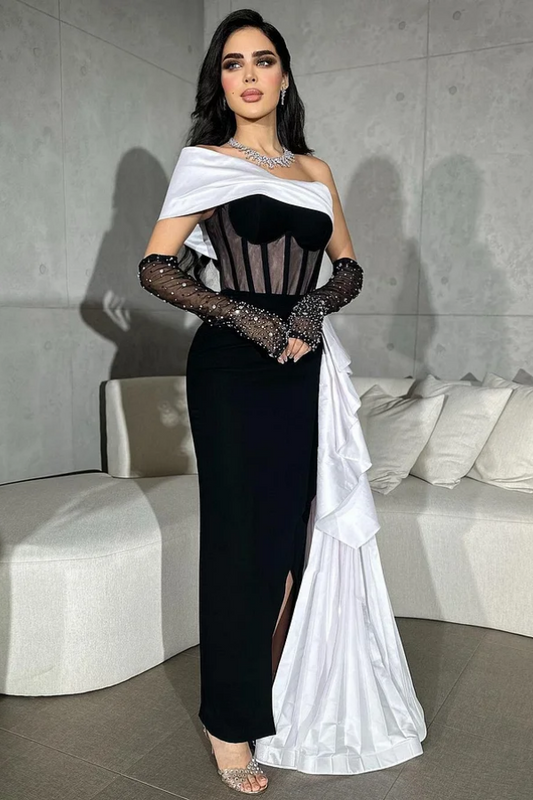 Black Short Slit Prom Dress With White Tail