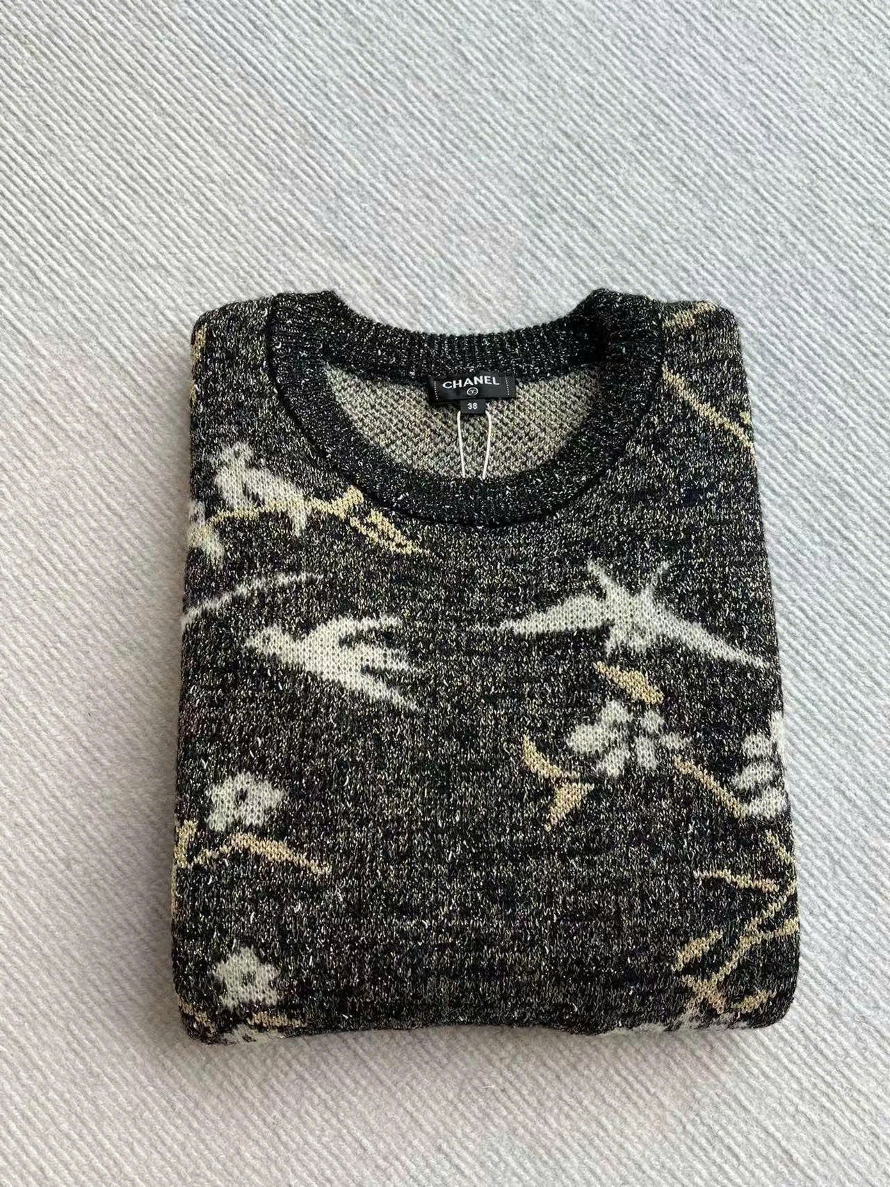 CC Sweater in Navy Blue Gold Wool and Metal Film