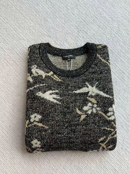 CC Sweater in Navy Blue Gold Wool and Metal Film