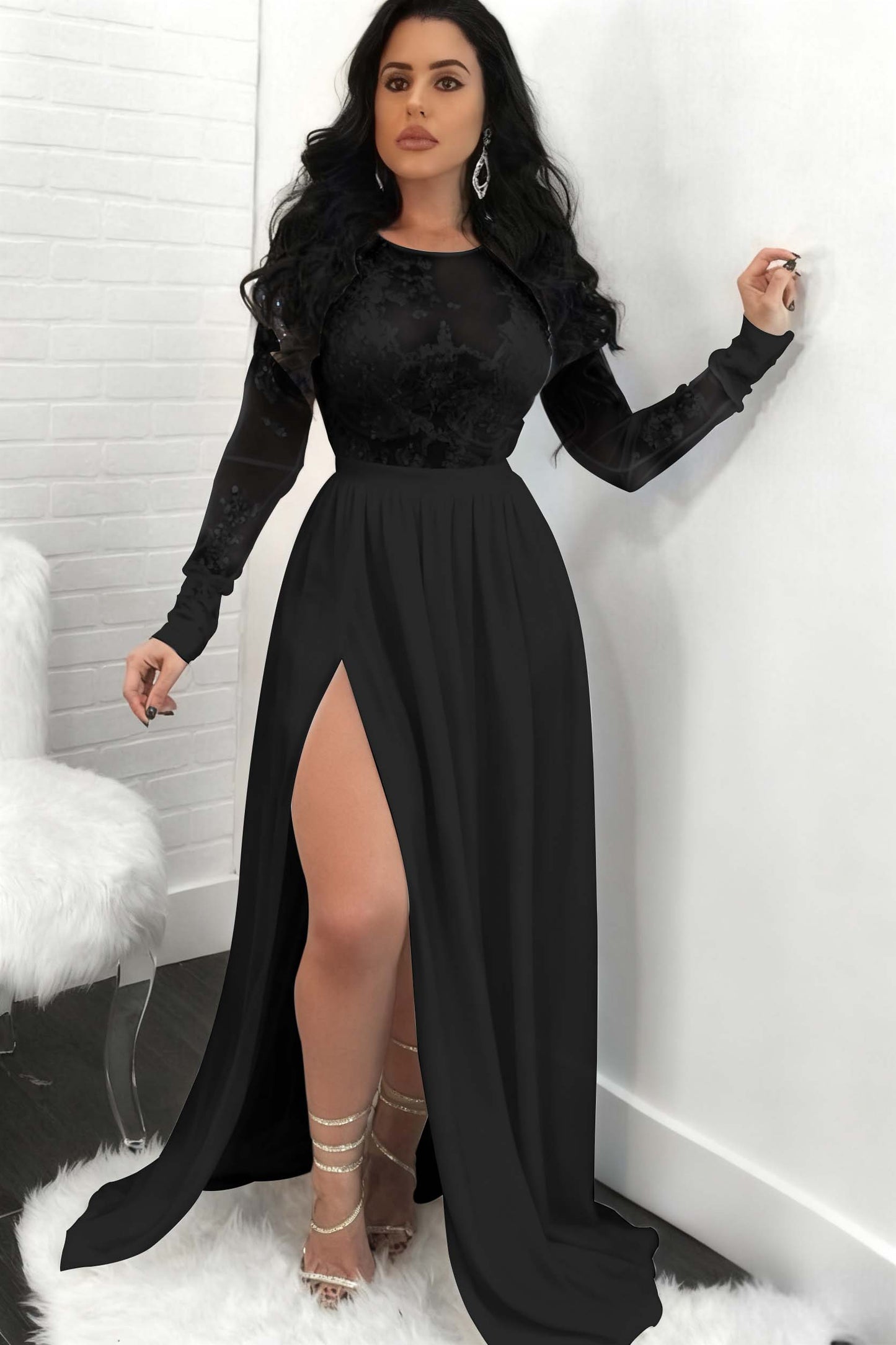 Sequins Long Sleeves Prom Dress Front Split