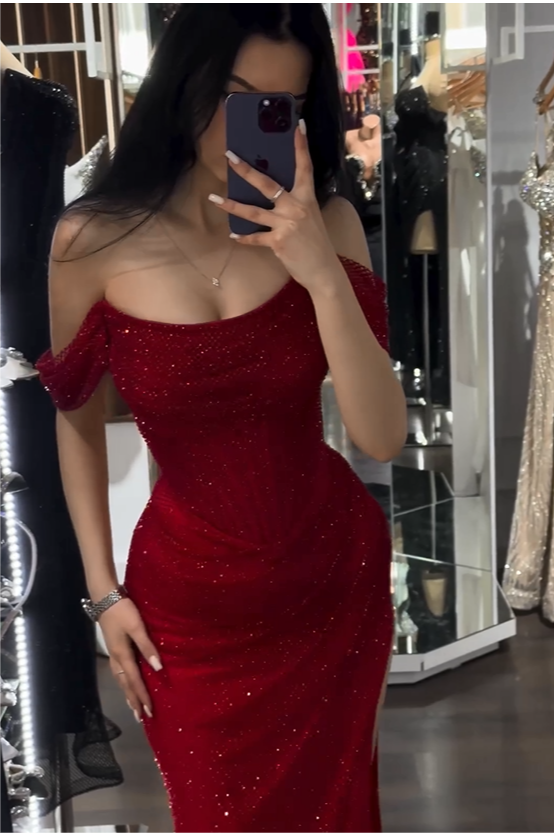 Exquisite Red Sequins Strapless Off the Shoulder Mermaid Prom Dress with Split