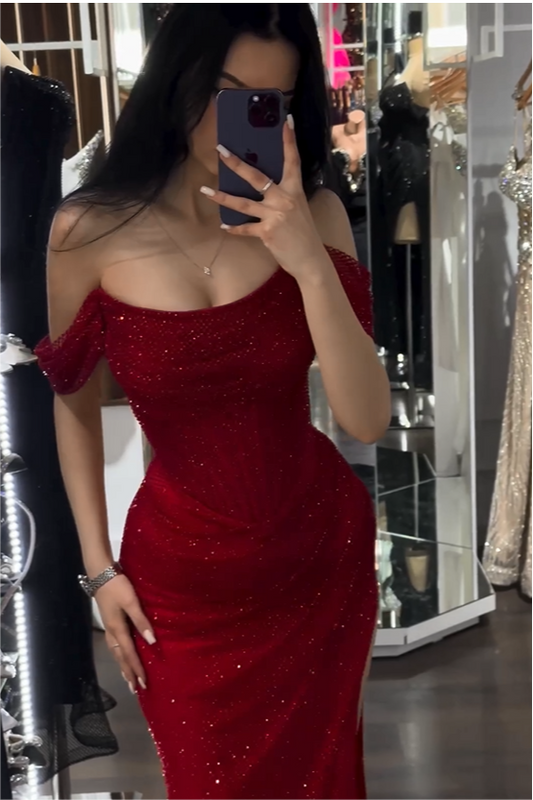 Exquisite Red Sequins Strapless Off the Shoulder Mermaid Prom Dress with Split