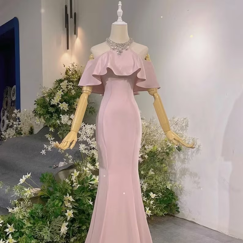 Pink Vintage Off The Shoulder Long Mermaid Prom Dressï¼_legant Evening Dress SH642