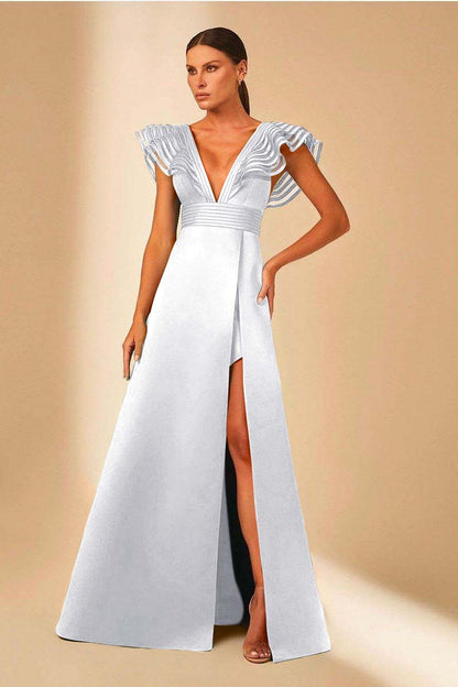 Charming Satin Spaghetti Strap Sleeveless V Neck Long Prom Dress with Split