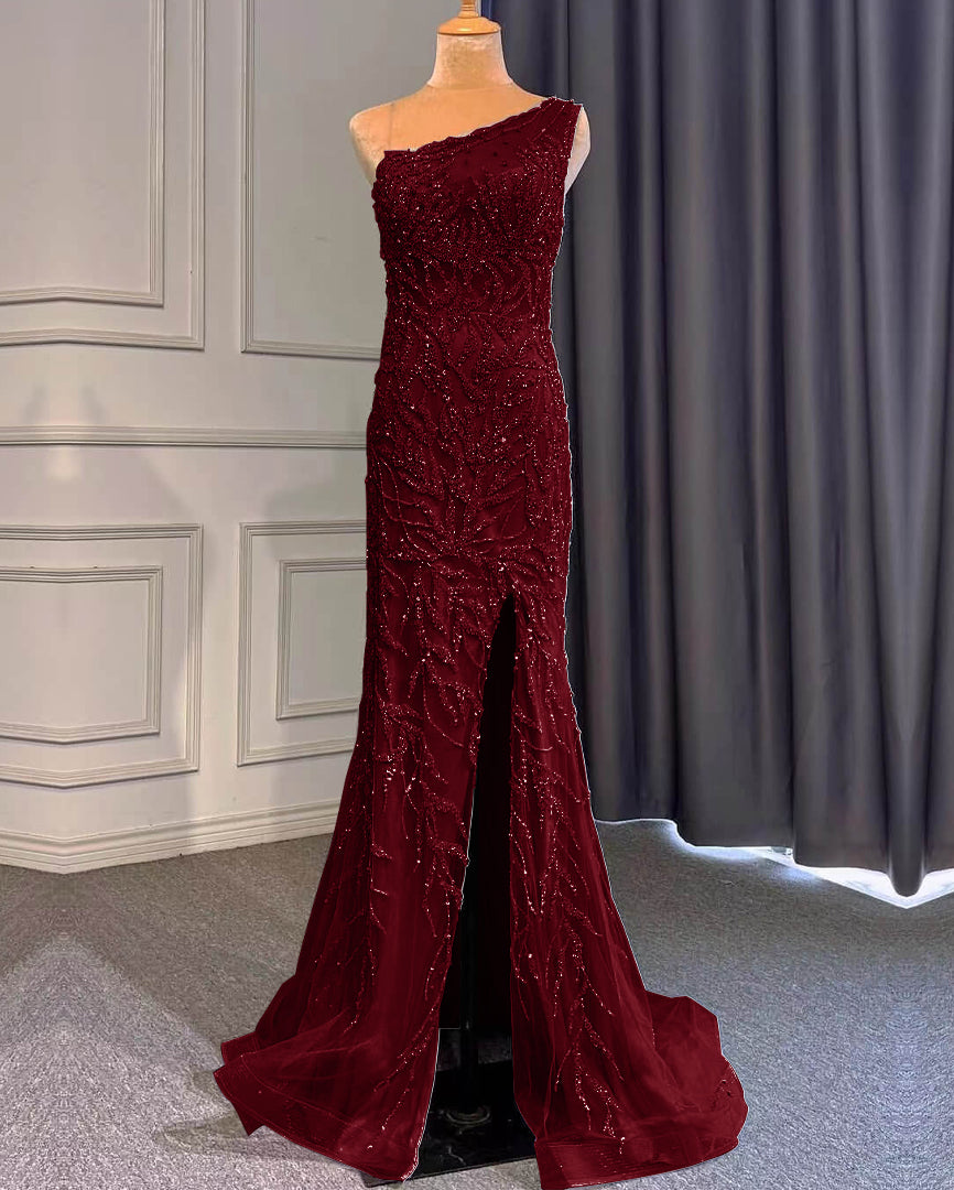 Light Purple Mermaid Beads One Shoulder Prom Dress With Long Ruffles Appliques Front Split