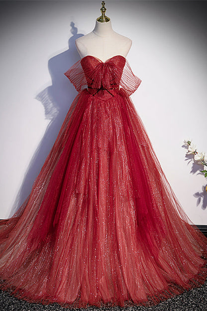 Sparkly Red Sweetheart Empire Tulle A-Line Formal Prom Dress