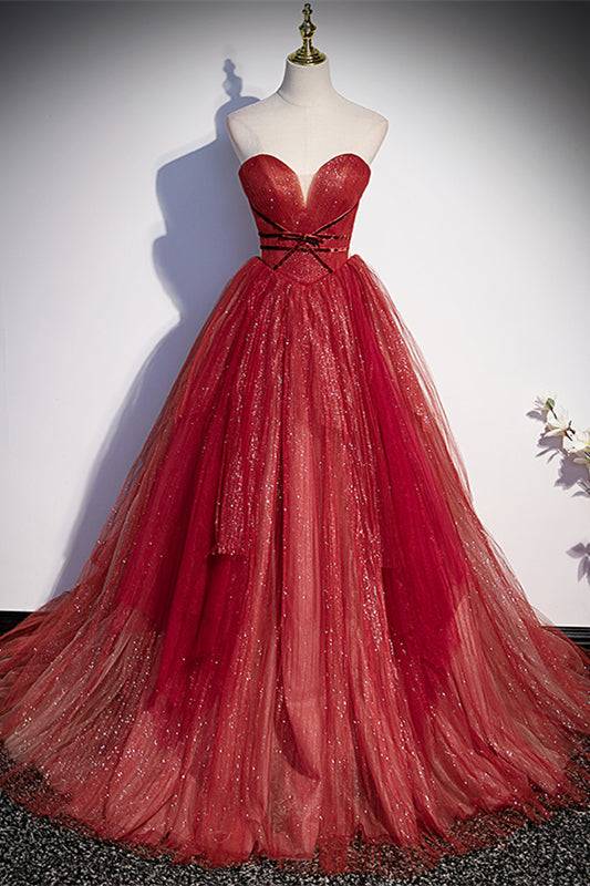Sparkly Red Sweetheart Empire Tulle A-Line Formal Prom Dress