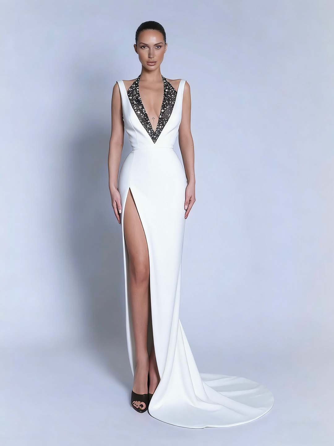 Black Sleeveless Slit Halter Straps Prom Dress With Beads