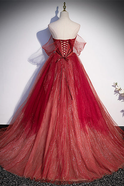 Sparkly Red Sweetheart Empire Tulle A-Line Formal Prom Dress
