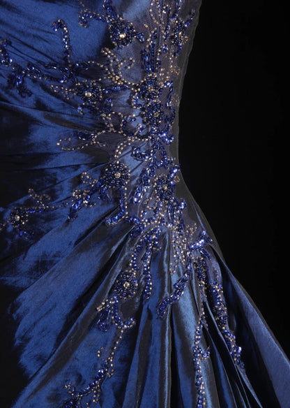 Vintage Ball Gown Strapless Navy Blue Satin Long Prom Dresses Party Dress SD1343