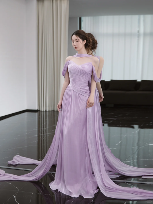 Gentle Purple A Line Off the Shoulder Pleated Satin Prom Dress Evening Dress SH4214