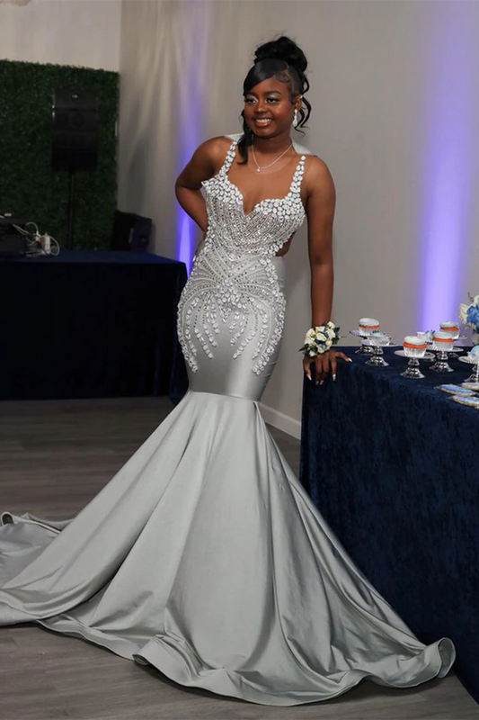Sliver Spaghetti-Strap Sleeveless Mermaid Prom Dress Trumpet With Flower Appliques
