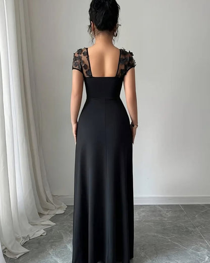 Glamorous Black Satin Applique Square Neck Pleated Prom Dress with Split