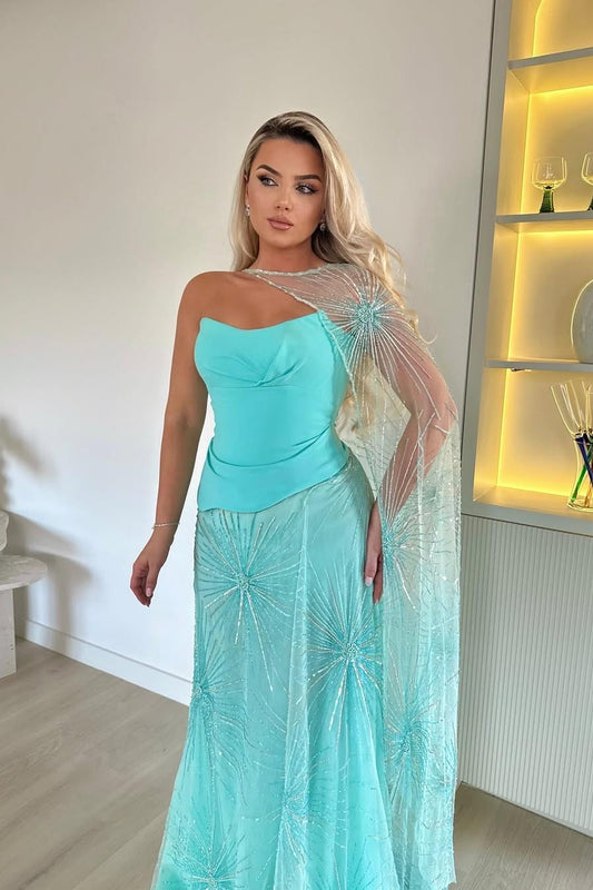 Elegant Mint Green Strapless Sequins Sleeveless Prom Dress with Shawl