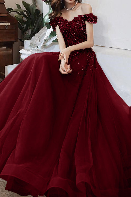 Champagne Long Evening Dress Off-The-Shoulder Sweetheart Sequins