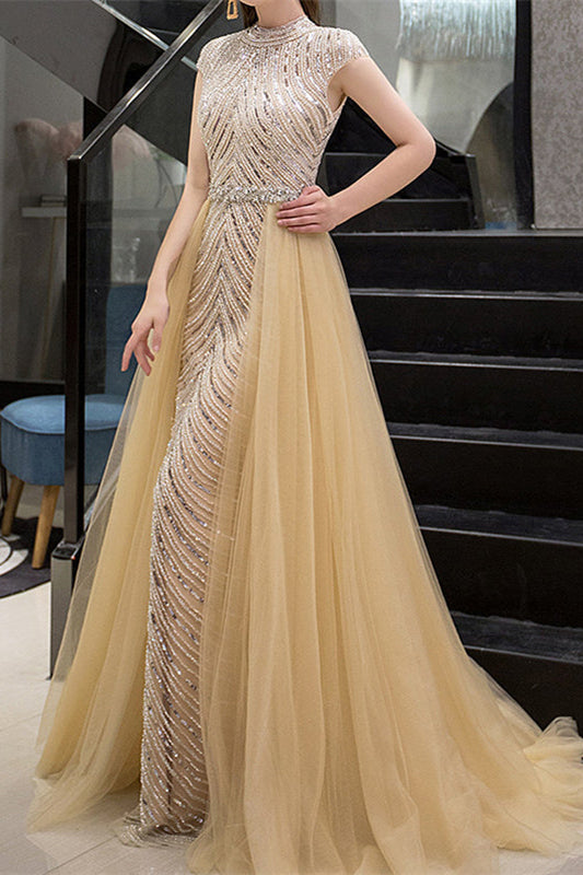 Yellow Sequins Beadings Evening Dress With long Ruffles High Collar Cap Sleeves