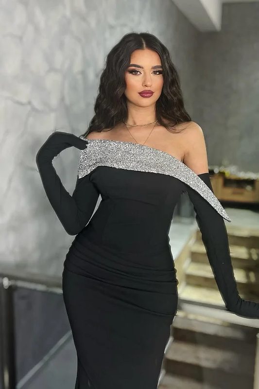 Black Long Sleeves Strapless Mermaid Beads Prom Dress