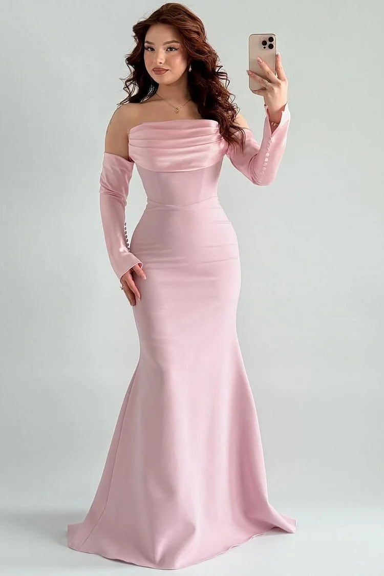 Square Strapless Mermaid Long Sleeves Prom Dress With Pleated