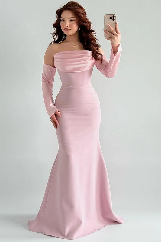 Square Strapless Mermaid Long Sleeves Prom Dress With Pleated