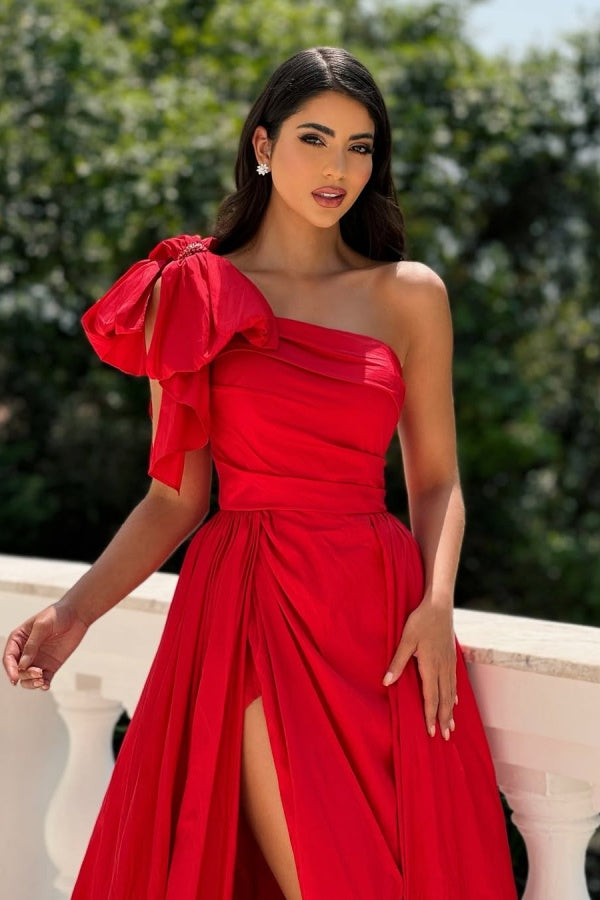 Red One Shoulder Slit Long Prom Dress Sleeveless