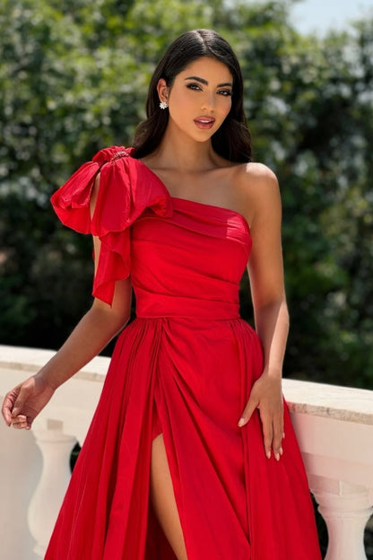 Red One Shoulder Slit Long Prom Dress Sleeveless