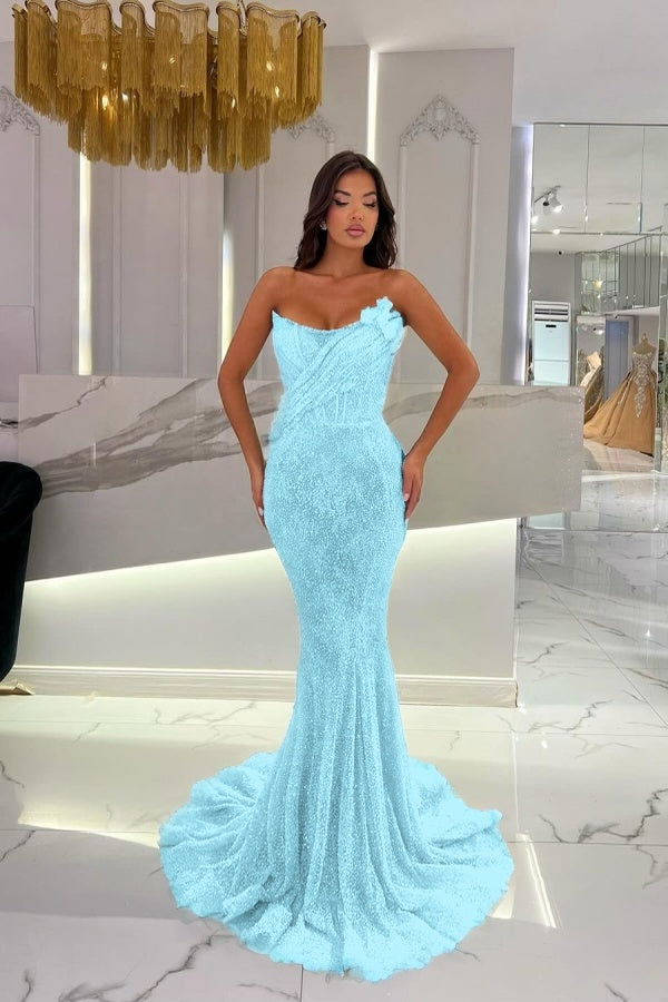 Gorgeous Strapless Sequins Mermaid Prom Dress With 3D-Blumen