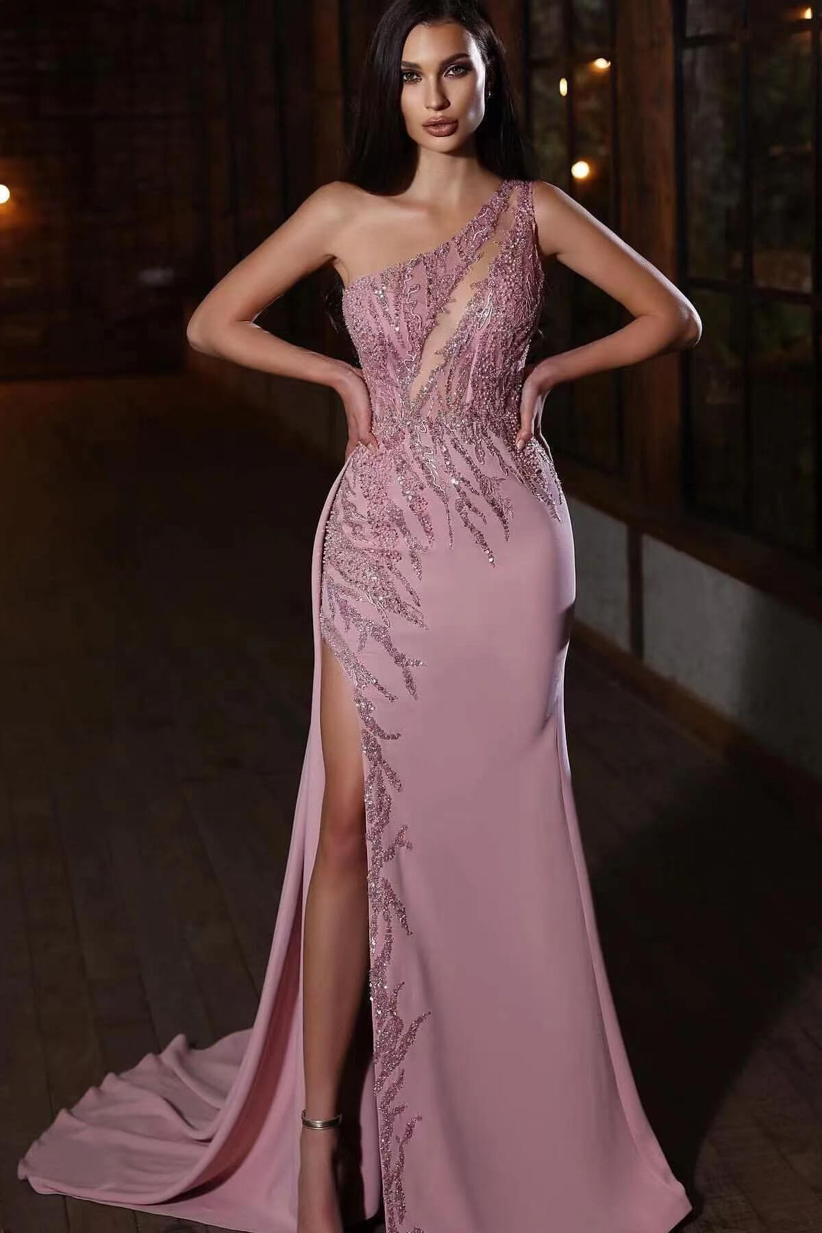 Elegant One-Shoulder Applique Prom Dress Mermaid Slit