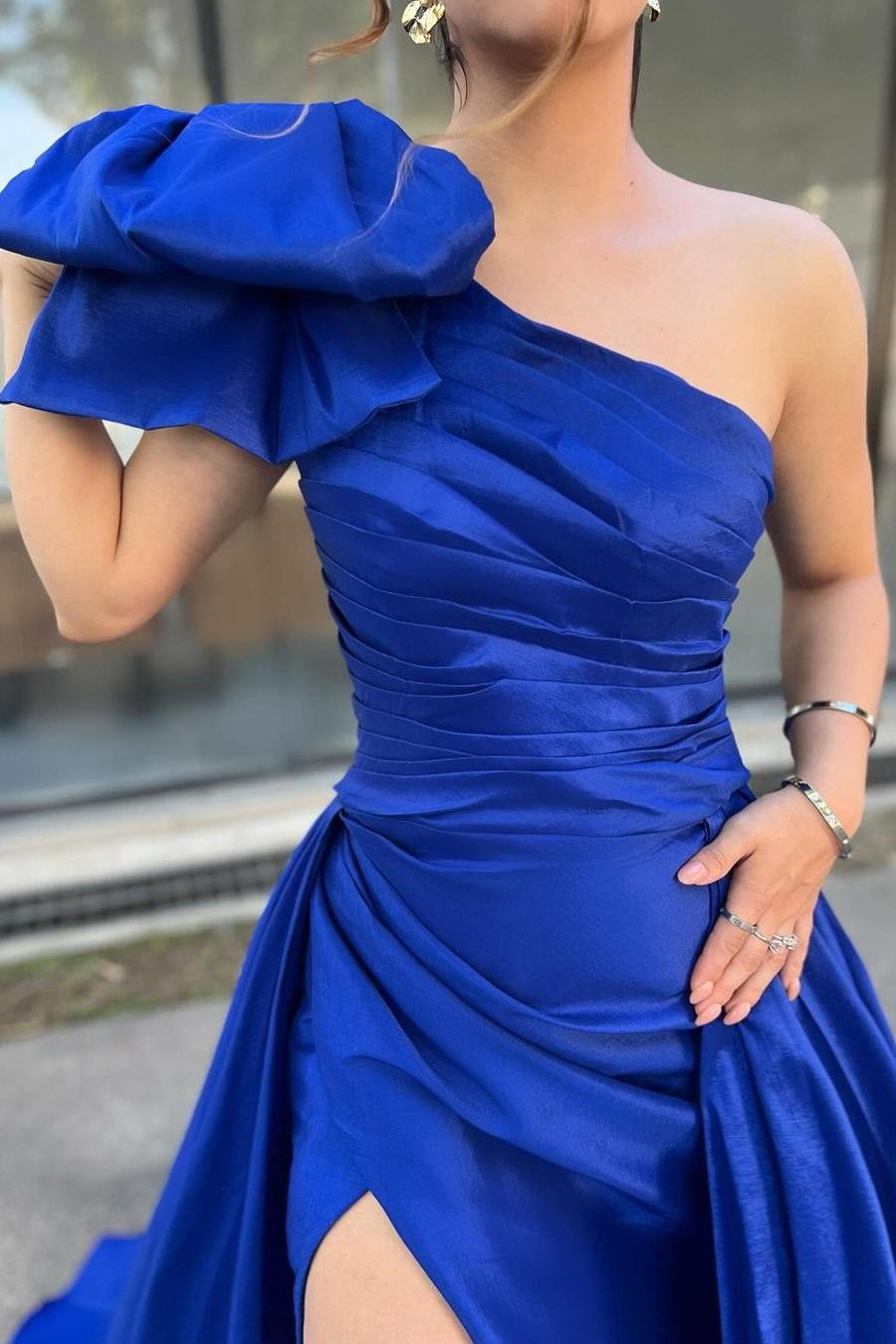 Chic Royal Blue Satin One Shoulder Sleeveless Long Pleated Prom Dress with Split
