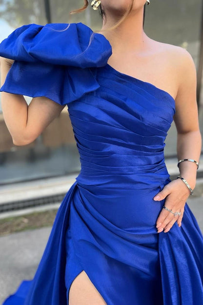 Chic Royal Blue Satin One Shoulder Sleeveless Long Pleated Prom Dress with Split
