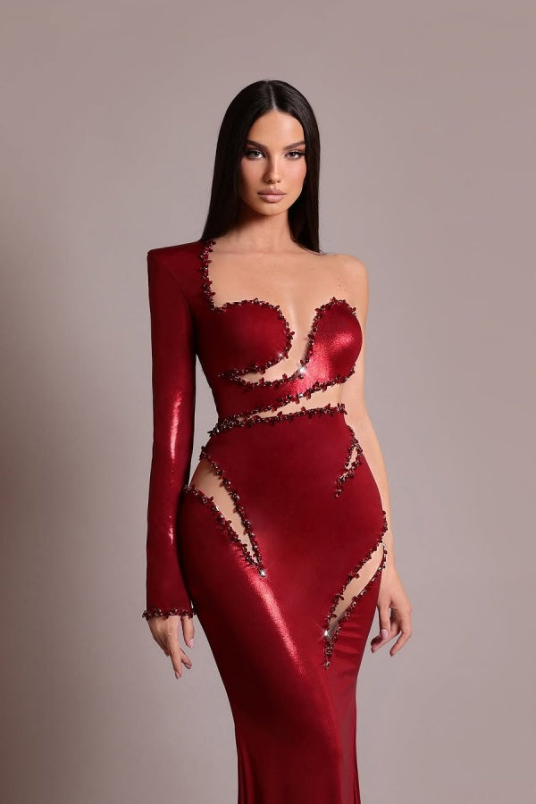 Red One Shoulder Long Prom Dress Mermaid with Sequins