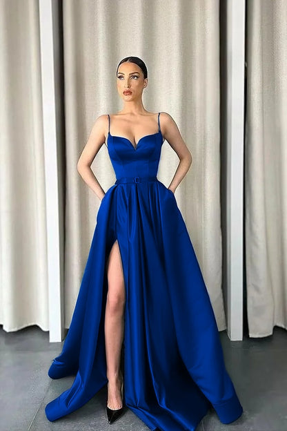 Dark Green Spaghetti-Straps A-Line V-Neck Long Prom Dress With Split