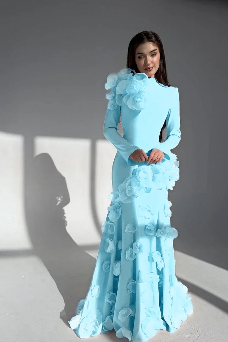 Elegant Long Sleeves Long Evening Dress With Handmade Flower