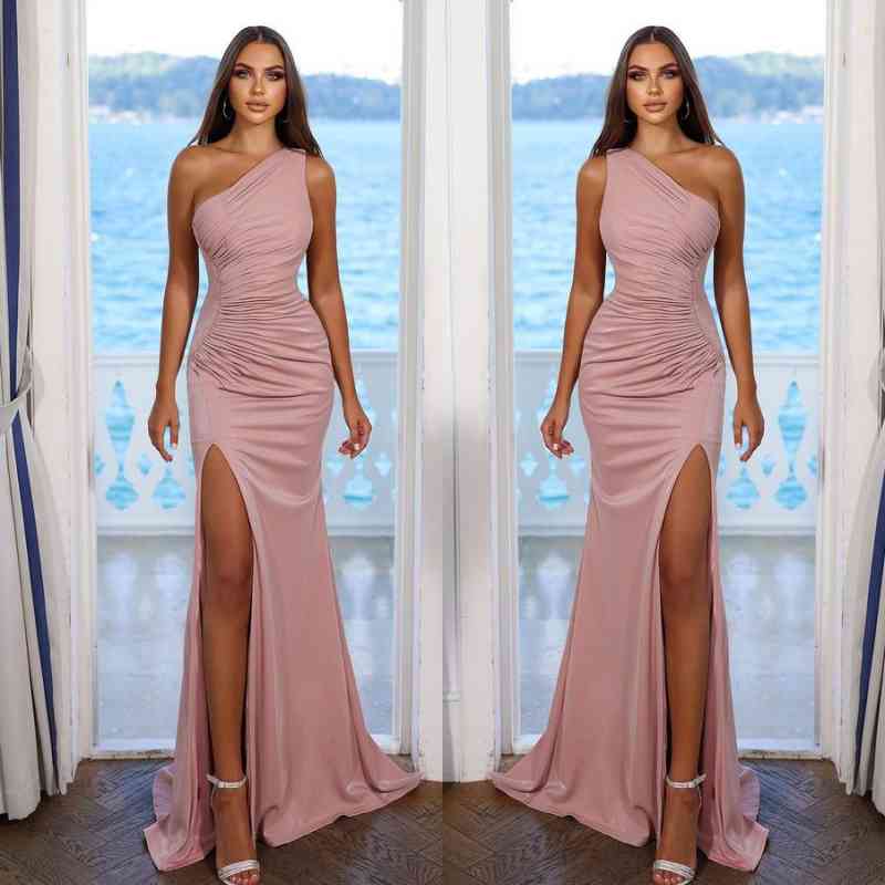 Simple Pink One Shoulder Prom Dress With Split