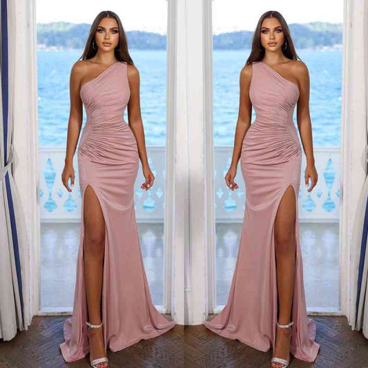 Simple Pink One Shoulder Prom Dress With Split