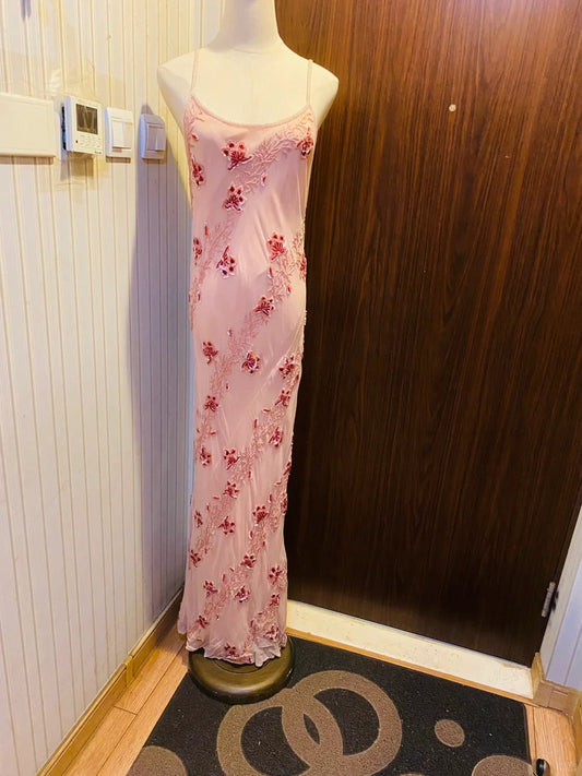 Sweet Pink Sequined Beaded Halter Chiffon Long Prom Dress Evening Dress P4183