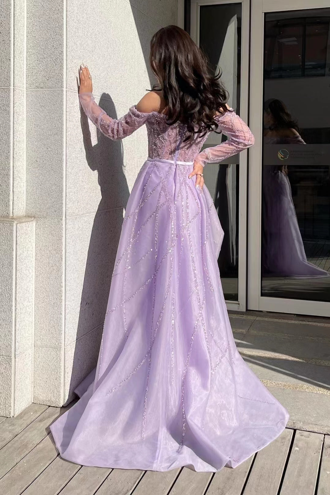 Lilac Off-The-Shoulder Long Sleeves Tulle Prom Dress Mermaid With Beads
