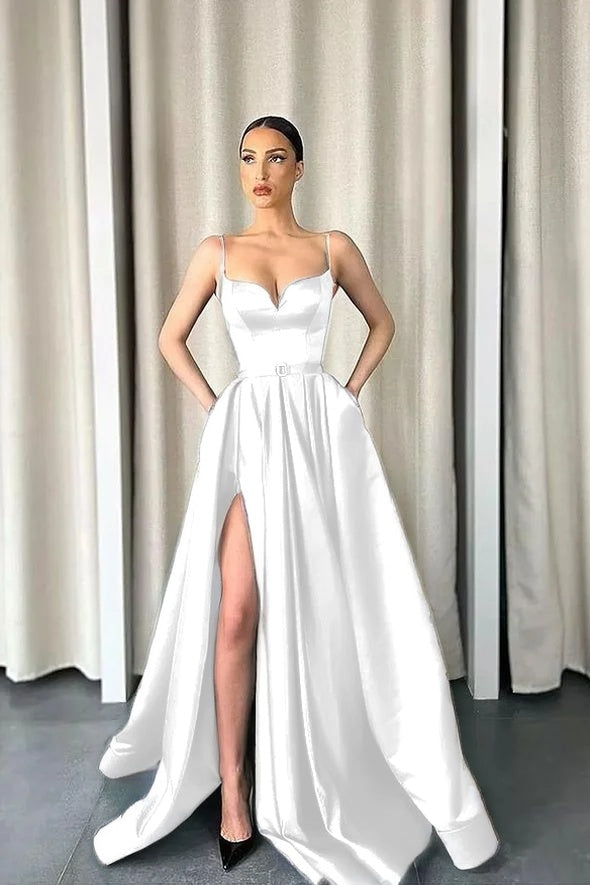 Dark Green Spaghetti-Straps A-Line V-Neck Long Prom Dress With Split