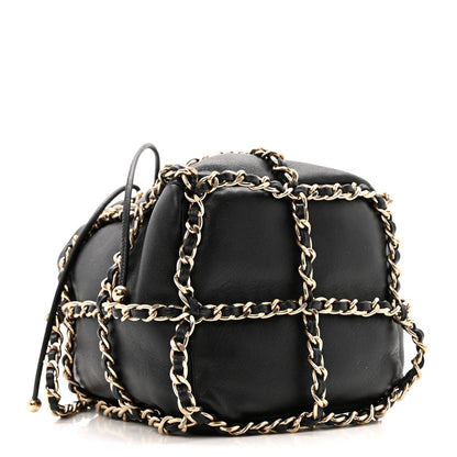 Lambskin Bucket Chain Drawstring Bag Black