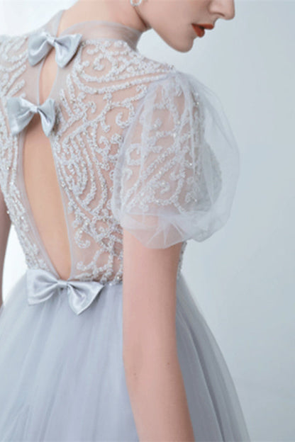 Grey Long Evening Dress Bowknot Tulle With High Collar Appliques