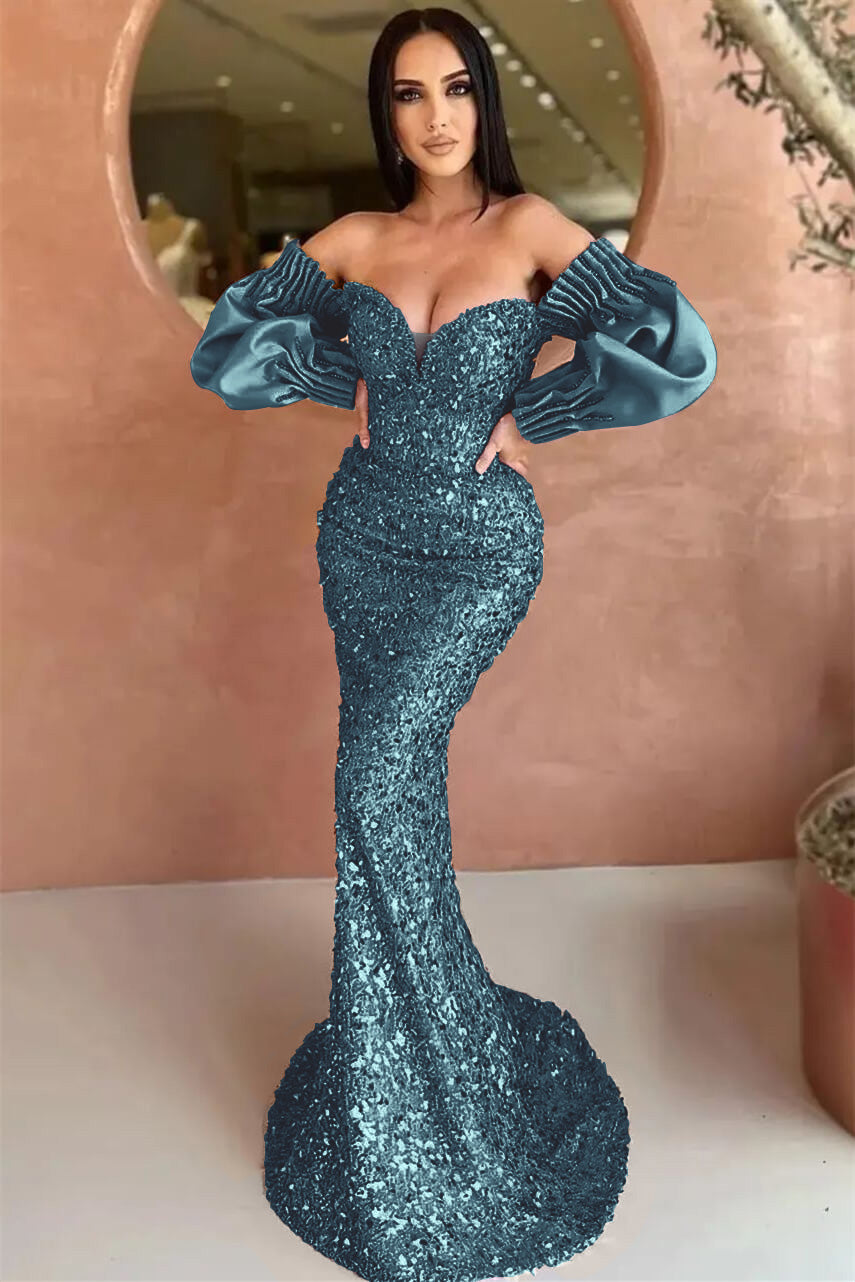 Sweetheart Long Sleeves Evening Dress With Sequins Mermaid Off-The-Shoulder