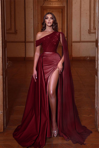 Lilac One-Shoulder Prom Dress Beadings Mermaid Slit With Ruffles